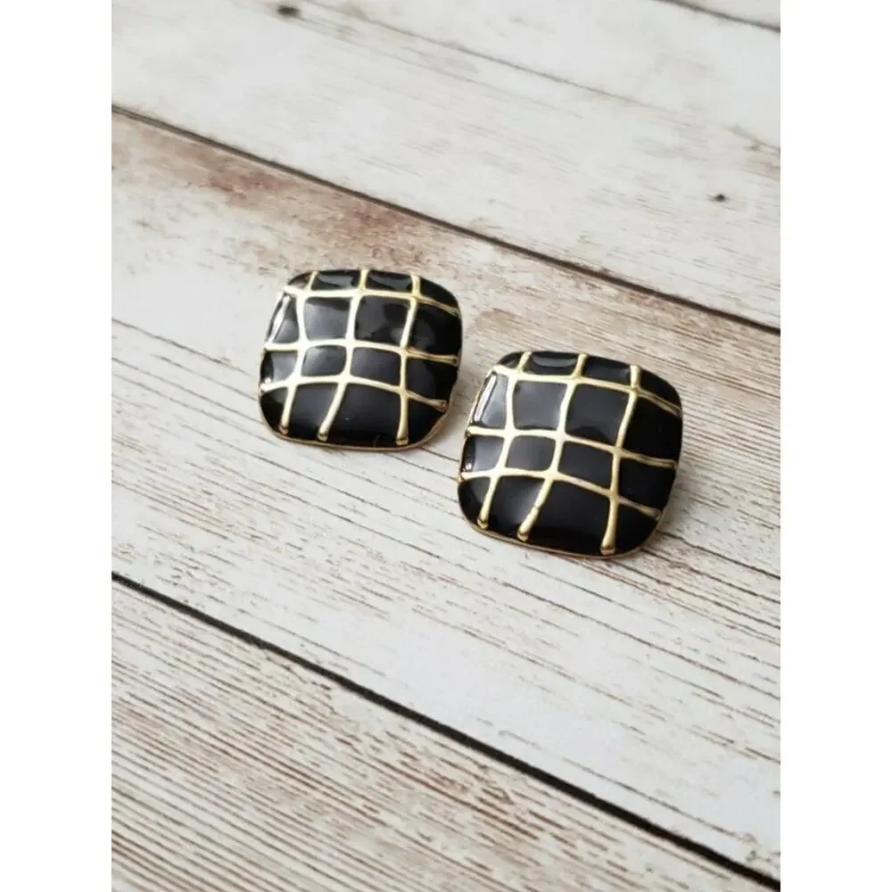 Vintage Clip On Earrings Large Black with Gold Tone Lattice Pattern Statement